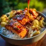 Sriracha Honey Salmon Bowls with rice and vegetables