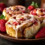 Delicious Strawberry Cheesecake Cinnabon Rolls topped with creamy frosting.