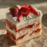 Delicious homemade Strawberry Shortcake topped with fresh strawberries and whipped cream