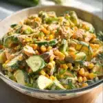 Street corn creamy cucumber salad garnished with fresh herbs and spices