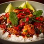 Delicious Thai Sweet Chili Chicken served with colorful vegetables