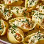 Delicious ultimate seafood stuffed shells topped with creamy sauce and herbs