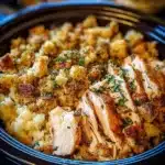 Cozy crock pot chicken and stuffing dinner prepared in a slow cooker