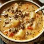 Crockpot Creamy Potato and Hamburger Soup in a bowl topped with fresh herbs.