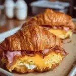 Delicious croissant breakfast sandwiches with egg and cheese on a plate