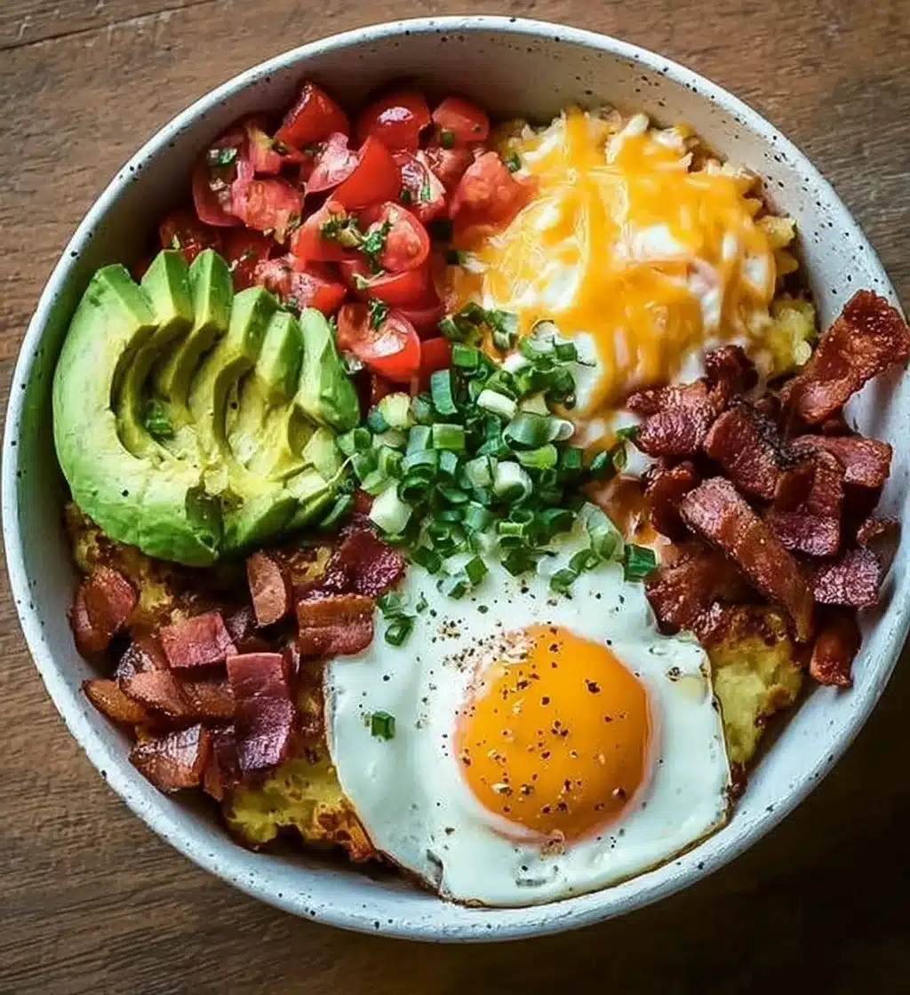 Delicious high protein breakfast bowl with eggs, quinoa, and vegetables