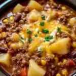 Delicious slow cooker cowboy casserole served in a rustic bowl.