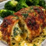 Broccoli cheese stuffed chicken breast garnished with herbs on a plate