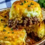 Cheddar Bay Ground Beef Cobbler topped with golden biscuits.