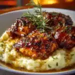 Chipotle Honey Chicken thighs served with smoked gouda mashed potatoes
