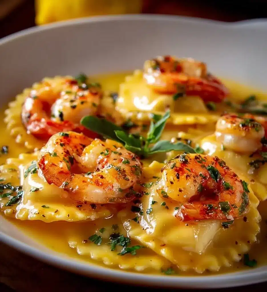 Plate of Lobster Ravioli drizzled with Lemon Butter Sauce.
