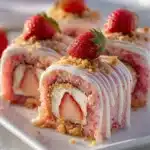Delicious strawberry shortcake sushi with fresh strawberries and whipped cream