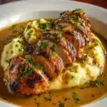 Creamy Cajun chicken with fluffy mashed potatoes served on a plate