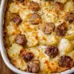 Creamy potato casserole with cheese and herbs in a baking dish
