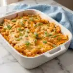 Healthy Buffalo Chicken Pasta Bake served in a dish with fresh ingredients