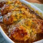 Baked honey mustard chicken garnished with herbs, served on a plate.