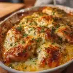 Delicious baked cream cheese chicken served on a plate with vegetables