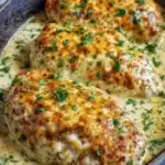 Delicious cheesy sour cream chicken dish with melted cheese on top