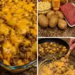 Delicious Cheese Beef Potato Bake topped with melted cheese and fresh herbs