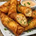 Crispy creamy shrimp rolls served with dipping sauce on a plate