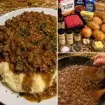 Ground beef gravy served over mashed potatoes in a comforting dish