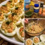 Salmon salad deviled eggs garnished with fresh herbs and spices
