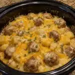 Delicious slow cooker cheesy meatball potato bake dish served in a bowl