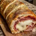Homemade Italian Stromboli filled with pepperoni, cheese, and vegetables