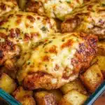 Cheesy baked chicken with roasted potatoes on a plate, ideal for dinner.