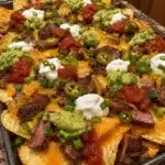 Plate of steak nachos with crispy potatoes and toppings