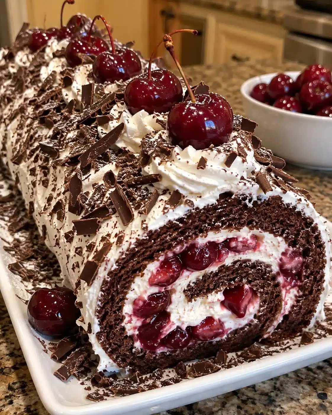 Black Forest chocolate cherry roll dessert with chocolate and cherries