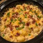 Delicious dump-and-bake cheesy bacon garlic beef tortellini alfredo dish