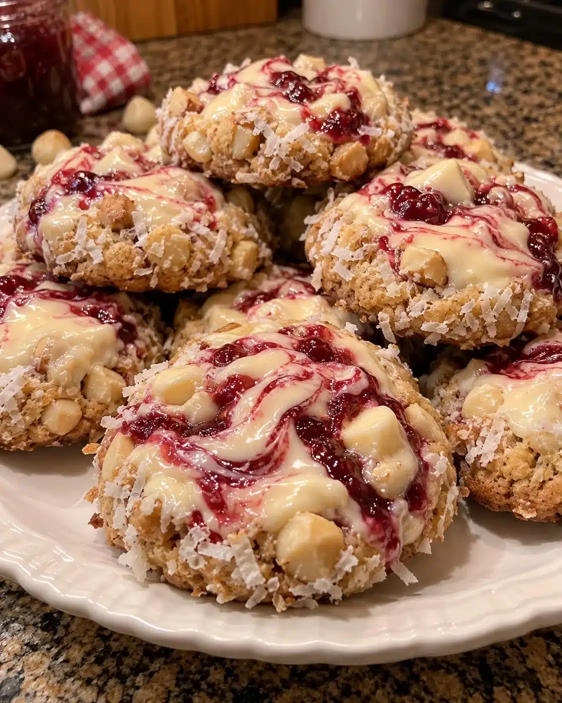 Freshly baked Raspberry Macadamia Nut Cookies with White Chocolate on a plate